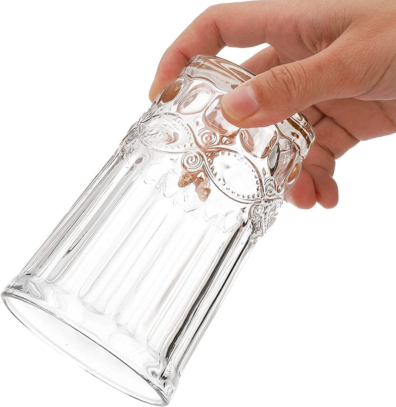 YOUEON 6 Pack 10 Oz Romantic Water Glasses, Vintage Drinking Glasses Tumblers, Embossed Water Glasses, Vinrage Glassware Set for Water, Juice, Beverages, Beer, Cocktail, Bars, Restaurants