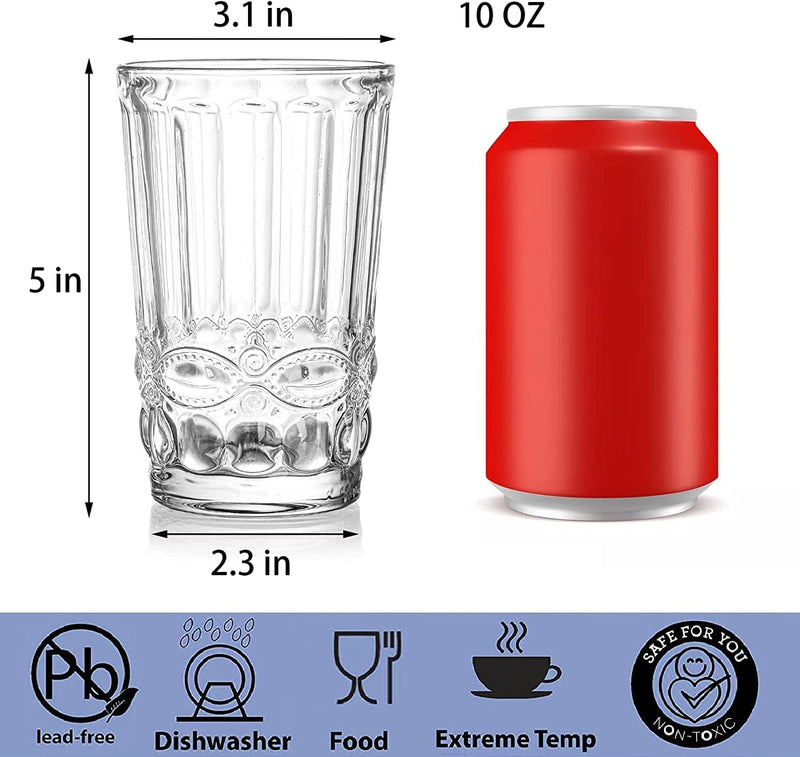 YOUEON 6 Pack 10 Oz Romantic Water Glasses, Vintage Drinking Glasses Tumblers, Embossed Water Glasses, Vinrage Glassware Set for Water, Juice, Beverages, Beer, Cocktail, Bars, Restaurants