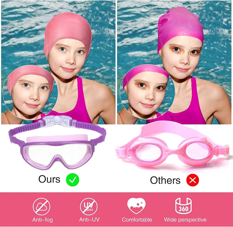 Youth Swim Cap Swim Goggles, 2 Pcs 3D Kids Swimming Cap 2 Pcs Kids Goggles with Nose Cover Pool Goggles Swimming Glasses with Nose Clip Ear Plugs Swimming Gear for Women Girls Men Boys Toddler Adult