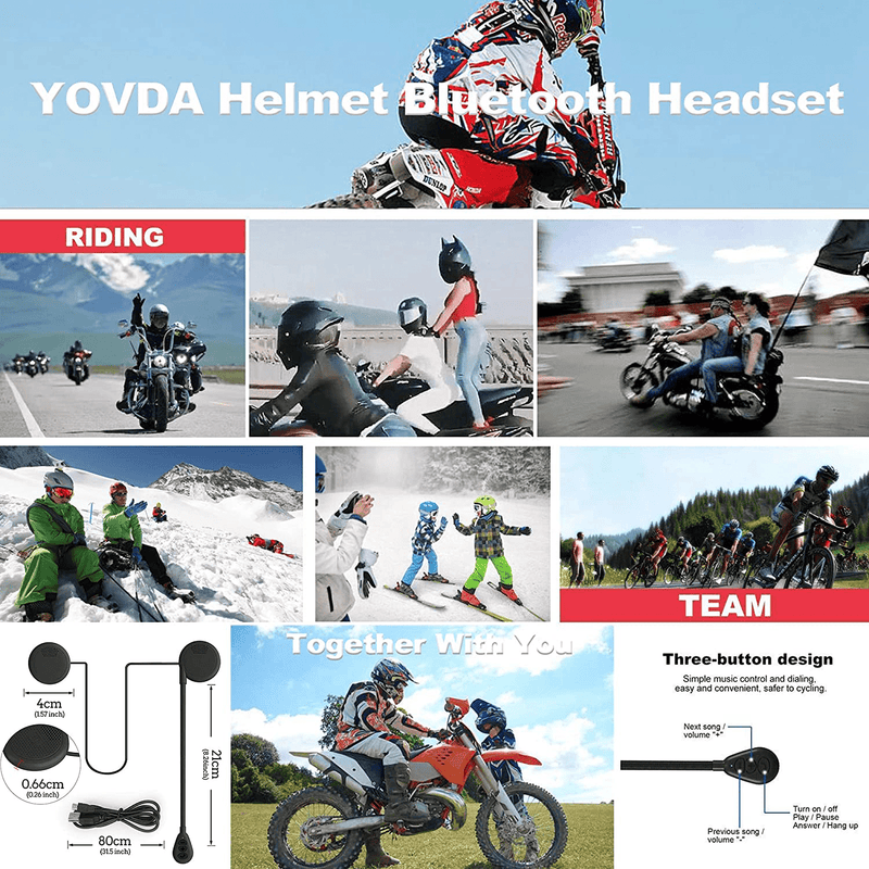 YOVDA Bluetooth Helmet Headset, Ultra Thin 0.27 Inch Motorcycle Sports Headset, Automatically Answer Incoming Calls, Volume Control, Dial Control, Motorcycle Headphones