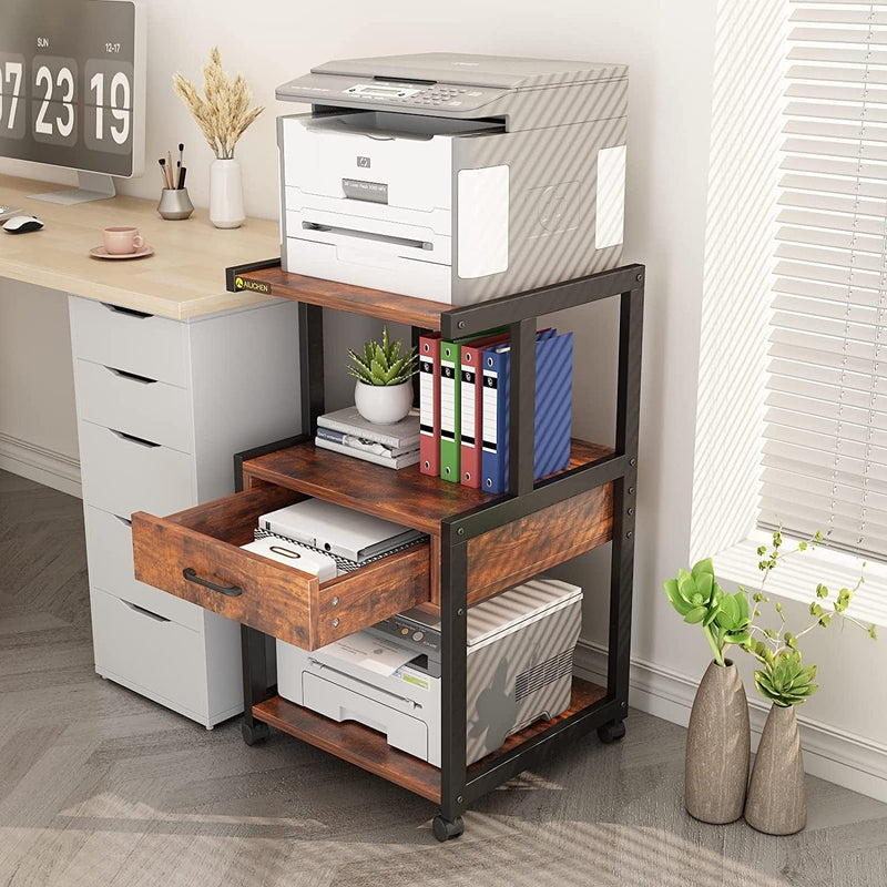 YQ FUNLIS Mobile Printer Stand 3 Tier Home Office Printer Stand with Drawer Rolling Filing Cabinet Printer Cart with Storage Shelves for Kitchen,Retro