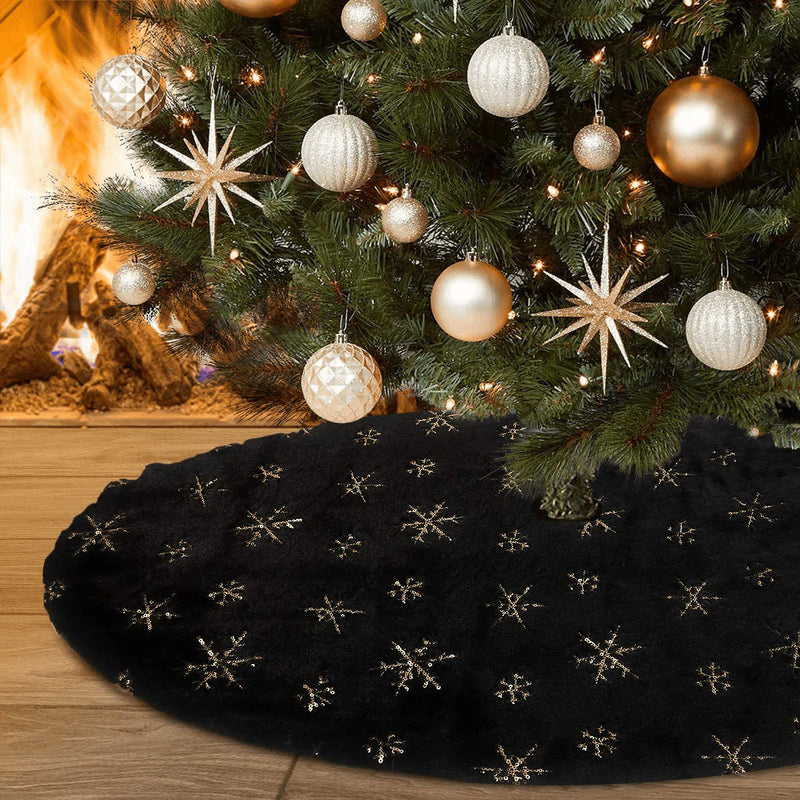 yuboo Black Christmas Tree Skirt,48 inches Black Faux Fur with Gold Sequin Xmas Tree Decorations Home & Garden > Decor > Seasonal & Holiday Decorations > Christmas Tree Skirts yuboo Gold  