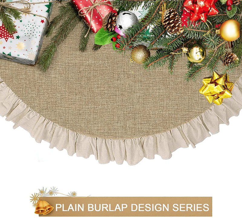 yuboo Burlap Christmas Fall Tree Skirt with Ruffle Border,48" Linen Rustic Tree Ornaments for Farmhouse Autumn Xmas Holiday Party Decorations