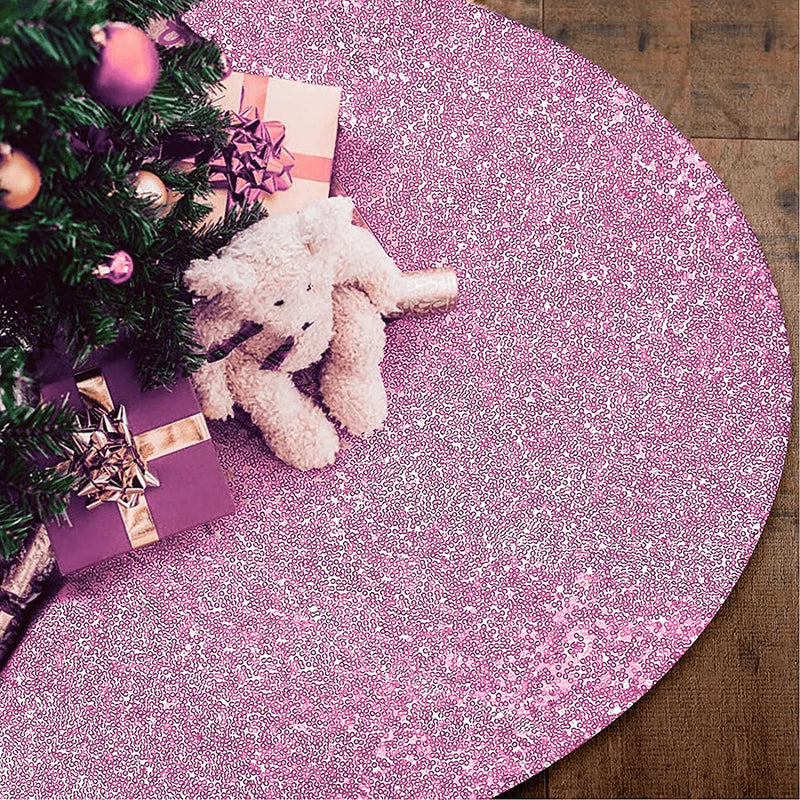 yuboo Mini Pink Christmas Tree Skirt,24 inch Round Sequin Xmas Tree Mat for Pencil Christmas Tree,Holiday Party Ornaments Home Decor Small Skirts for Slim Tree