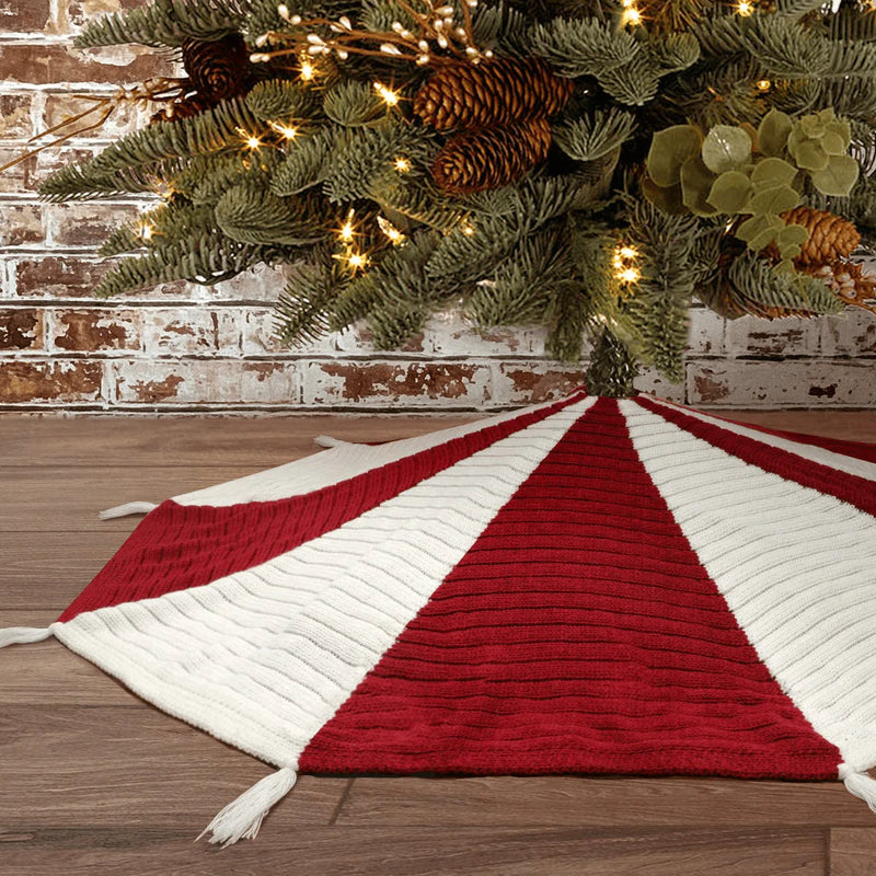 yuboo Red Knit Christmas Tree Skirt,48 inches Burgundy Cable Thick Rustic Xmas Holiday Decoration