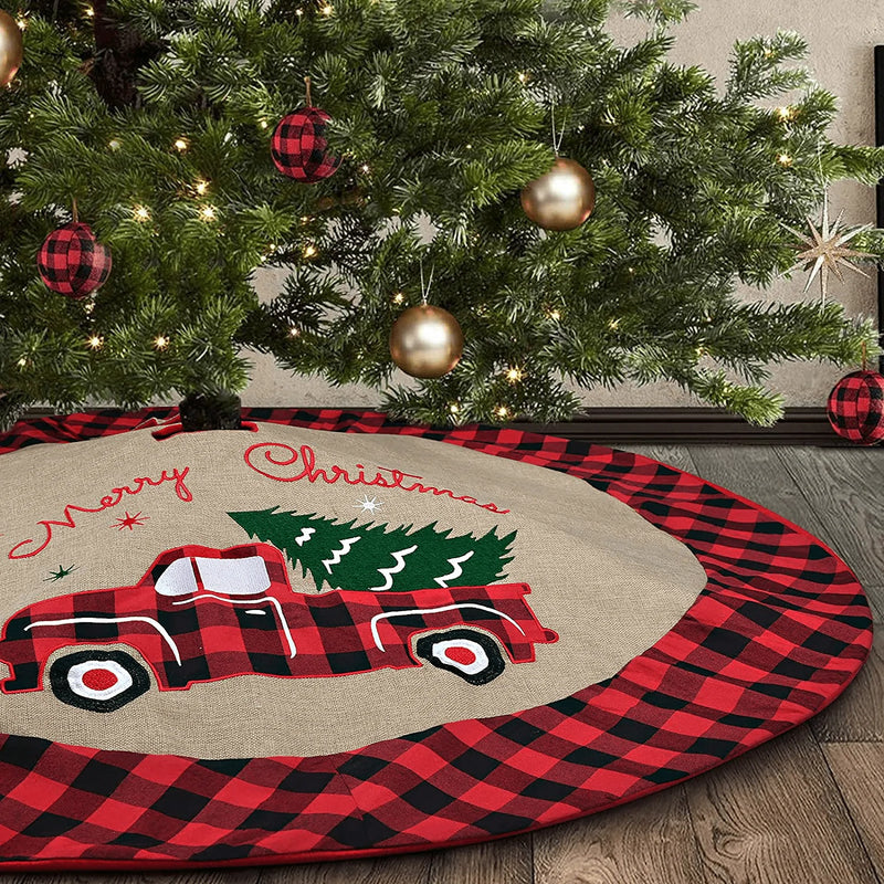 yuboo Vintage Truck Burlap Christmas Tree Skirt,48 Inches Large Tree Skirt with Red and Black Plaid Buffalo Border with Embroidered Rustic Truck and Tree Xmas Ornaments Holiday Decorations Home & Garden > Decor > Seasonal & Holiday Decorations > Christmas Tree Skirts yuboo Buffalo Truck  