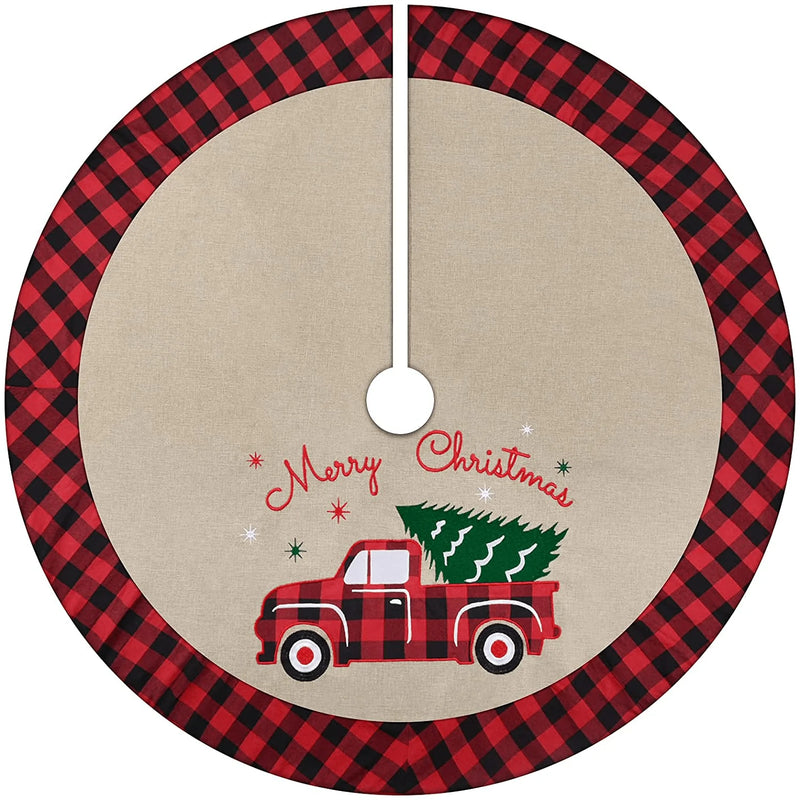 yuboo Vintage Truck Burlap Christmas Tree Skirt,48 Inches Large Tree Skirt with Red and Black Plaid Buffalo Border with Embroidered Rustic Truck and Tree Xmas Ornaments Holiday Decorations Home & Garden > Decor > Seasonal & Holiday Decorations > Christmas Tree Skirts yuboo   