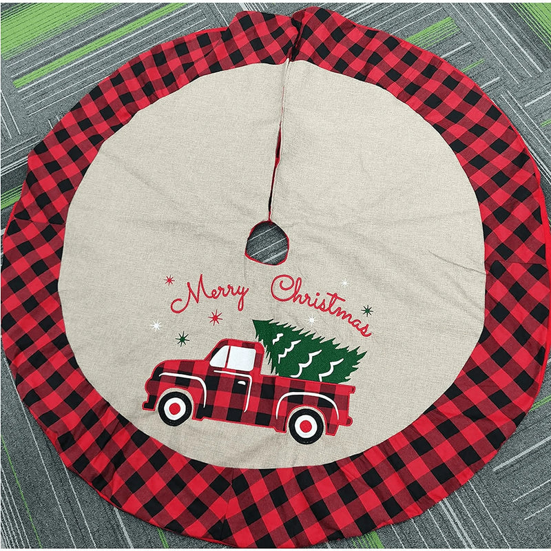 yuboo Vintage Truck Burlap Christmas Tree Skirt,48 Inches Large Tree Skirt with Red and Black Plaid Buffalo Border with Embroidered Rustic Truck and Tree Xmas Ornaments Holiday Decorations