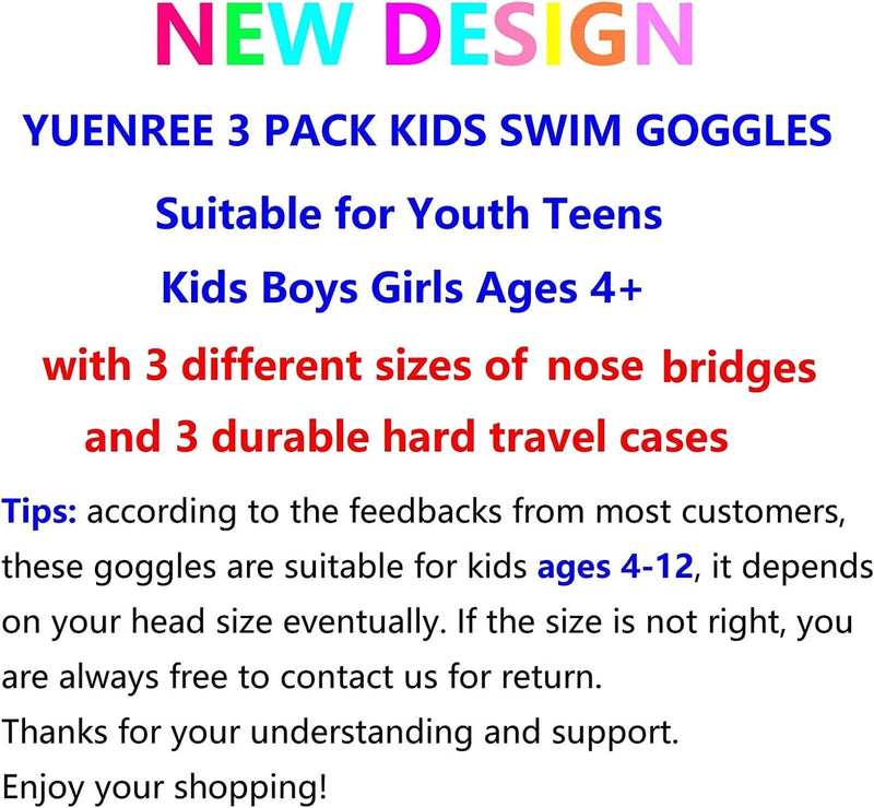 YUENREE 3 Pack Swim Goggles - Suitable for Adults Men Women Youth Teens Boys Girls Ages 4+ - with 3 Hard Travel Cases Sporting Goods > Outdoor Recreation > Boating & Water Sports > Swimming > Swim Goggles & Masks YUENREE   
