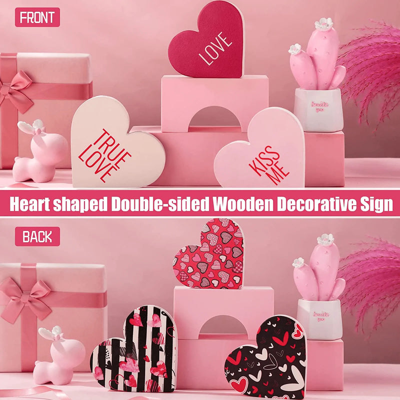 Yulejo 3 Pieces Valentine'S Day Wood Sign Heart-Shaped Wood Letter Double-Sided Wooden Heart Decorative Sign Table Centerpiece Decor for Valentine'S Day