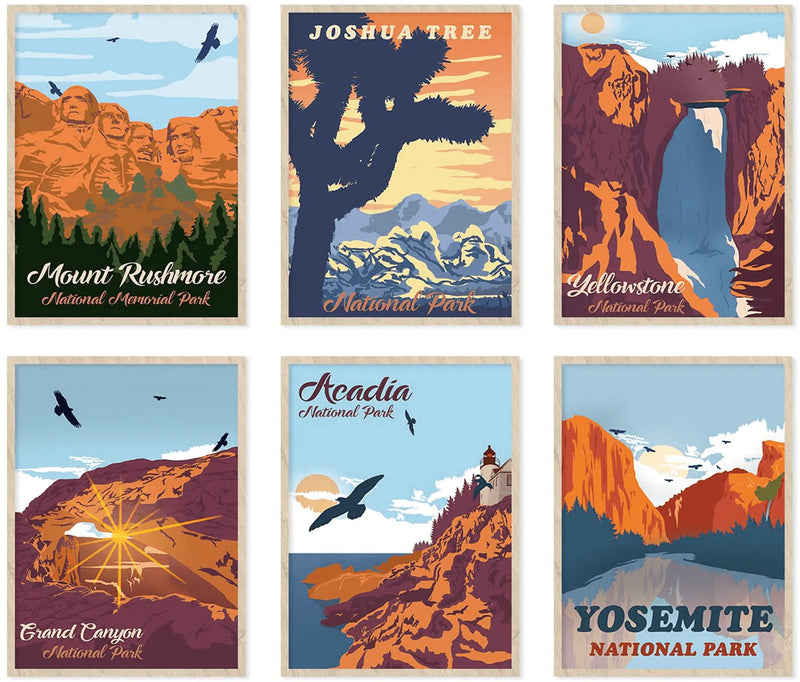 YUMKNOW Vintage Travel Mountain Decor – Unframed 11x14 Set of 6, Modern Boho Bathroom Decor for Wall Art Bedroom Prints Posters, Nature Landscape National Parks Office Decor Teens Kitchen Neutral Home & Garden > Decor > Artwork > Posters, Prints, & Visual Artwork YUMKNOW Art Set-1 11x14 inch 