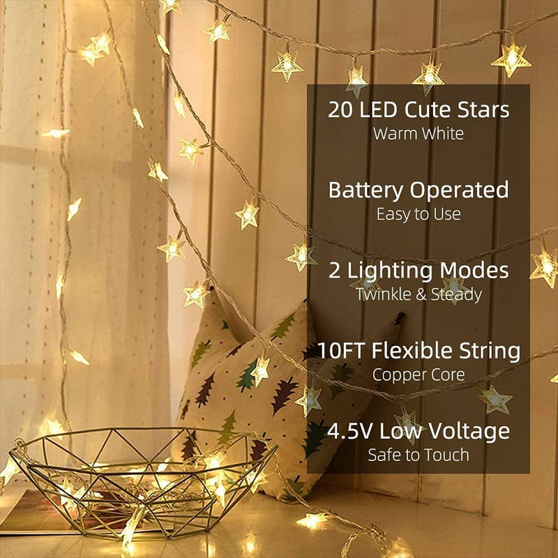 Yummuely Star Lights Star String Lights 10Ft 20 LED Star Fairy Lights Battery Operated Waterproof Indoor Outdoor Twinkle Christmas Lights for Bedroom Party Wedding Xmas Tree Decoration (Warm White)