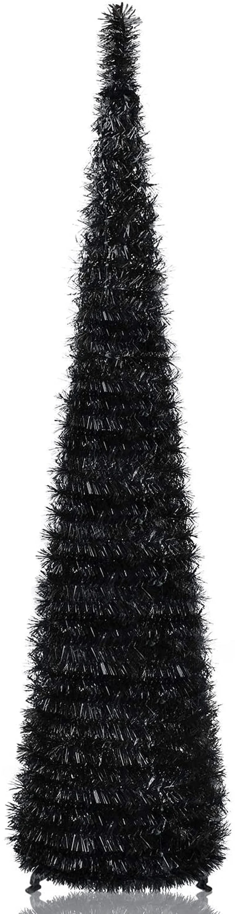 YuQi 5FT Pop Up Black Tinsel Trees Collapsible Reusable for Cosplay Tree in Christmas Halloween Wedding, Artificial Pencil Slim Xmas Tree Easy-Assembly w/Plastic Stand