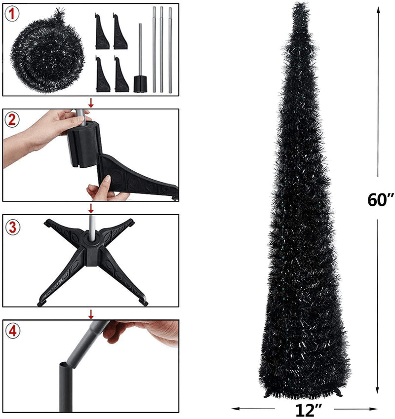 YuQi 5FT Pop Up Black Tinsel Trees Collapsible Reusable for Cosplay Tree in Christmas Halloween Wedding, Artificial Pencil Slim Xmas Tree Easy-Assembly w/Plastic Stand