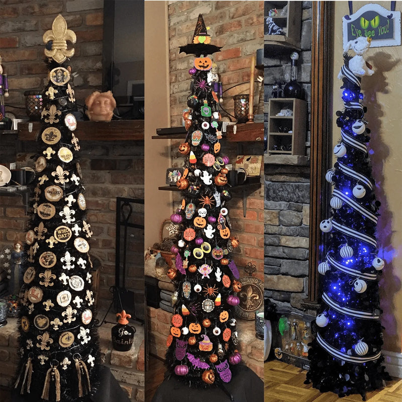 YuQi 5FT Pop Up Black Tinsel Trees Collapsible Reusable for Cosplay Tree in Christmas Halloween Wedding, Artificial Pencil Slim Xmas Tree Easy-Assembly w/Plastic Stand Home & Garden > Decor > Seasonal & Holiday Decorations > Christmas Tree Stands YuQi   