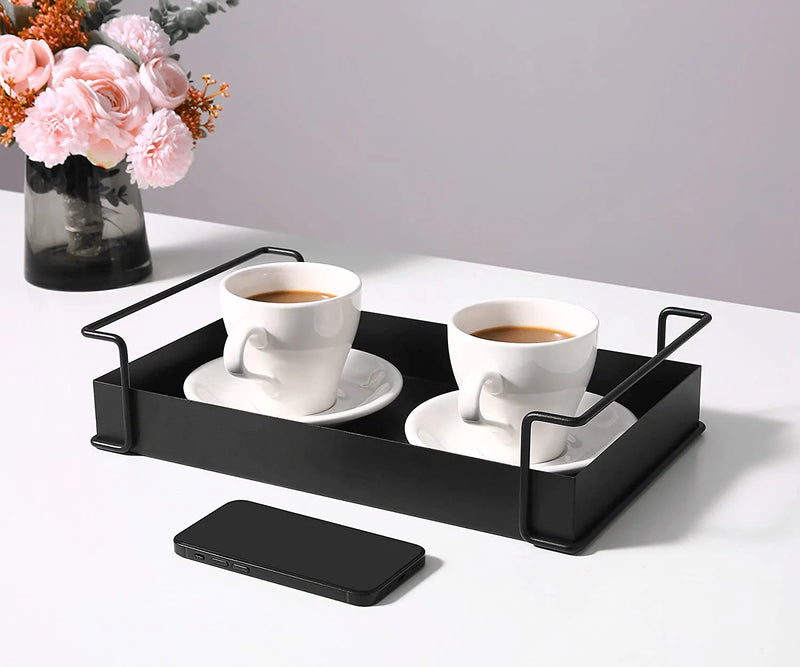 YURONG 1-Tier Decorative Coffee Table Tray, Iron Tray with Handles, Vanity Tray and Serving Tray for Bathroom, Kitchen, Ottoman, Dressing table and Coffee table, 13.4 X 8.3 X 3.2 inches(1-Pack, Black)