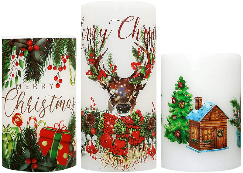 YUROZAC Christmas Flameless Candles with 6H Timer, Flickering Battery Operated Real Wax Electric LED Pillar Candles for Xmas Decoration Fairy Angel Reindeer Decal Set of 3, D3" x H6" Home & Garden > Decor > Seasonal & Holiday Decorations& Garden > Decor > Seasonal & Holiday Decorations YUROZAC Christmas Reindeer  