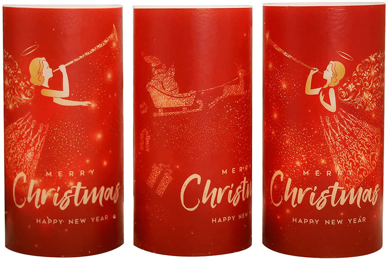 YUROZAC Christmas Flameless Candles with 6H Timer, Flickering Battery Operated Real Wax Electric LED Pillar Candles for Xmas Decoration Fairy Angel Reindeer Decal Set of 3, D3" x H6" Home & Garden > Decor > Seasonal & Holiday Decorations& Garden > Decor > Seasonal & Holiday Decorations YUROZAC Christmas Red  