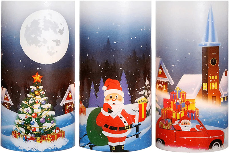 YUROZAC Christmas Flameless Candles with 6H Timer, Flickering Battery Operated Real Wax Electric LED Pillar Candles for Xmas Decoration Fairy Angel Reindeer Decal Set of 3, D3" x H6" Home & Garden > Decor > Seasonal & Holiday Decorations& Garden > Decor > Seasonal & Holiday Decorations YUROZAC Christmas Cartoon Santa  
