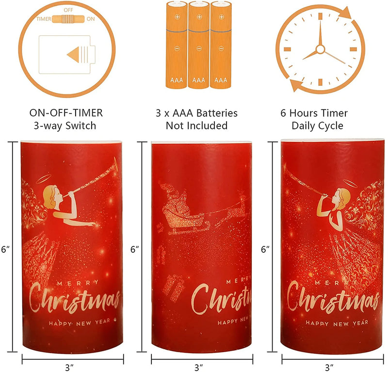 YUROZAC Christmas Flameless Candles with 6H Timer, Flickering Battery Operated Real Wax Electric LED Pillar Candles for Xmas Decoration Fairy Angel Reindeer Decal Set of 3, D3" x H6"