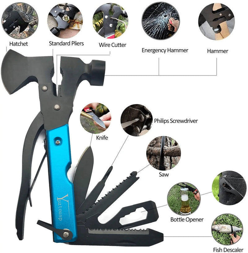 Yuztousp Multitool Camping Accessories Survival Gear and Equipment Blue 14 in 1 Hatchet Camping Tools with Knife Hammer Axe Saw Screwdrivers Pliers for Hunting Hiking, Gifts for Men Husband