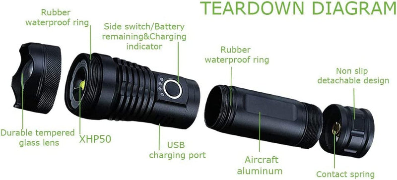 YXQUA 10000 Lumen Rechargeable Tactical Flashlight, XHP50 LED for Hiking Hunting Camping Emergency Outdoor Sport Hardware > Tools > Flashlights & Headlamps > Flashlights YXQUA   