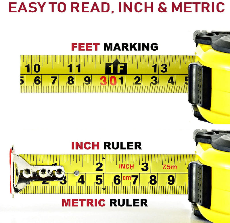 Zabiki Measuring Tape Measure, 25 Ft Decimal Retractable Dual Side Ruler with Metric and Inches, Easy to Read, for Surveyors, Engineers and Electricians, with Magnetic Tip and Rubber Protective Casing