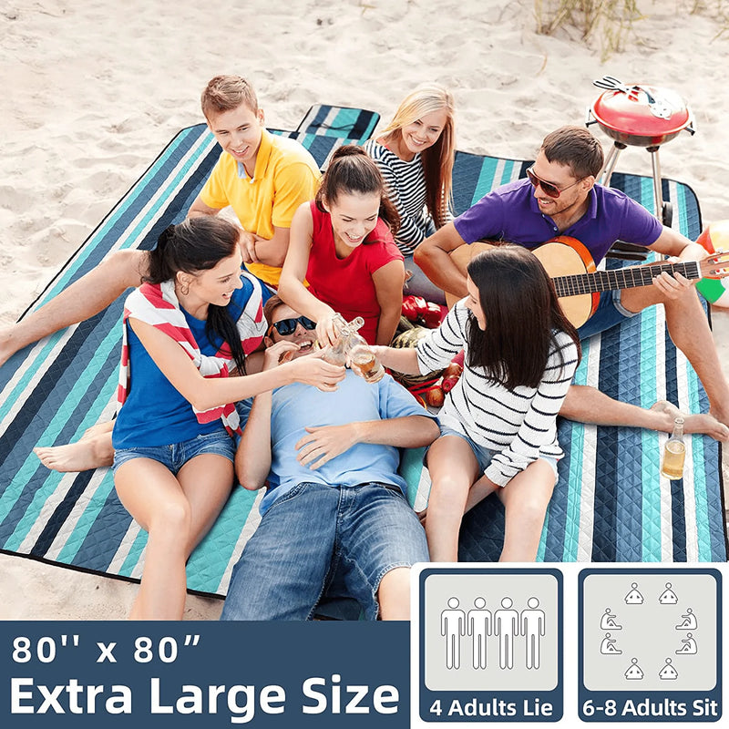 ZAZE Picnic Blankets Beach Blanket, 80''x80'' Extra Large Thick 3-Layers, Sandproof Machine Washable Waterproof Foldable Oversized XL Outdoor Mat, for Camping, Park, Travel, Grass(Blue White Stripe) Home & Garden > Lawn & Garden > Outdoor Living > Outdoor Blankets > Picnic Blankets ZAZE   