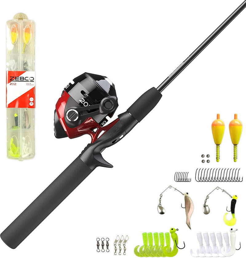 Zebco 202 Spincast Reel and Fishing Rod Combo, 5-Foot 6-Inch 2-Piece Fishing Pole, Size 30 Reel, Right-Hand Retrieve, Pre-Spooled with 10-Pound Zebco Line Sporting Goods > Outdoor Recreation > Fishing > Fishing Rods Zebco Black/Red - With 56pc Tackle  