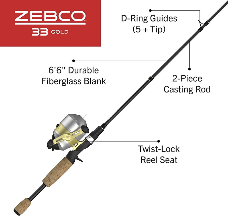 Zebco 33 Gold Spincast Reel and 2-Piece Fishing Rod Combo, Fiberglass Rod with Comfortable Split-Grip Cork Handle, Instant Anti-Reverse Fishing Reel