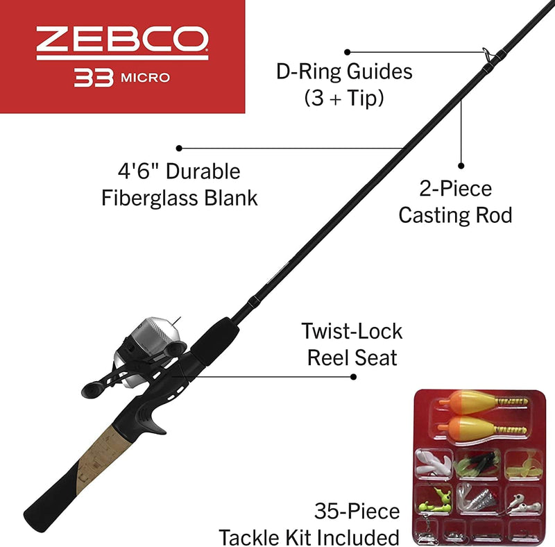 Zebco 33 Micro Spincast Reel and 2-Piece Fishing Rod Combo, 4.5-Foot Rod with Bonus Tackle Pack, Quickset Anti-Reverse Fishing Reel with Bite Alert Sporting Goods > Outdoor Recreation > Fishing > Fishing Rods Zebco   