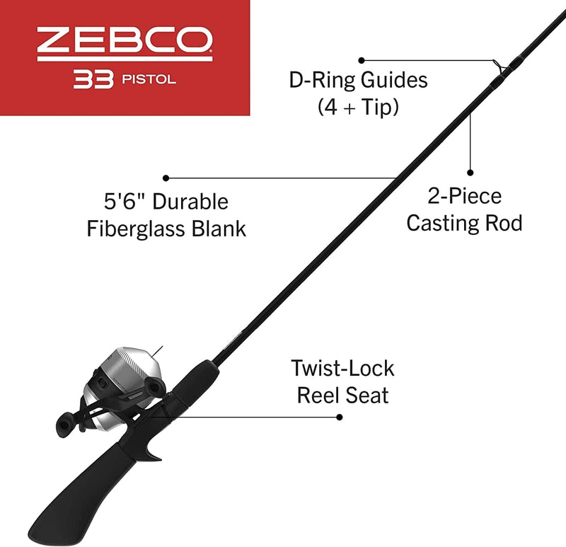 Zebco 33 Pistol Spincast Reel and 2-Piece Fishing Rod Combo, 5.5-Foot Fiberglass Rod with Pistol-Grip EVA Handle, Quickset Anti-Reverse Fishing Reel with Bite Alert, Black