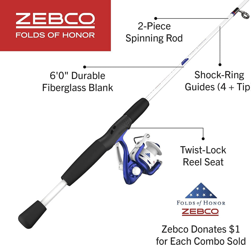 Zebco Folds of Honor Special Edition Spinning Reel and Fishing Rod Combo, 6-Foot 2-Piece Fiberglass Fishing Pole, EVA Handle, Size 20 Reel, Blue/White, 1-Dollar Donated to Folds of Honor Foundation
