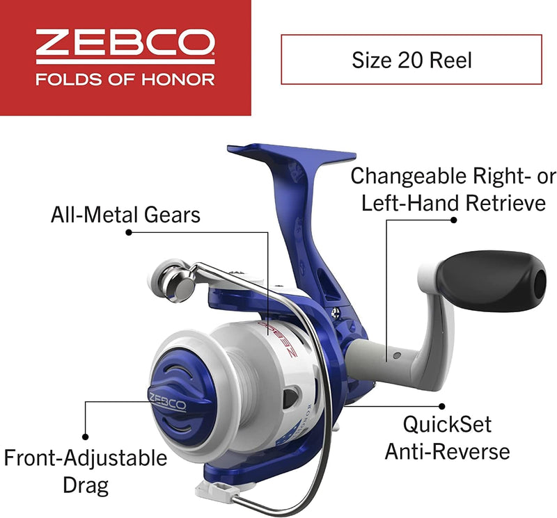 Zebco Folds of Honor Special Edition Spinning Reel and Fishing Rod Combo, 6-Foot 2-Piece Fiberglass Fishing Pole, EVA Handle, Size 20 Reel, Blue/White, 1-Dollar Donated to Folds of Honor Foundation