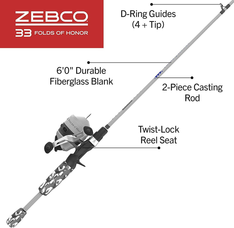 Zebco Folds of Honor Spinning Reel and 2-Piece Fishing Rod Combo