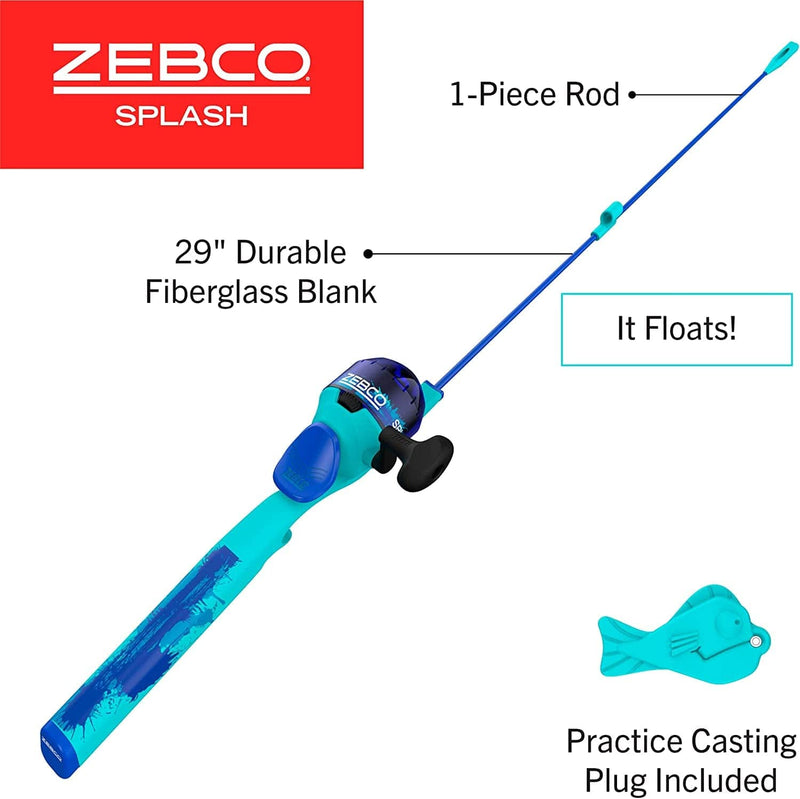Zebco Splash Kids Spincast Reel and Fishing Rod Combo, 29" Durable Floating Fiberglass Rod with Tangle-Free Design, Oversized Reel Handle Knob, Pre-Spooled with 6-Pound Zebco Fishing Line