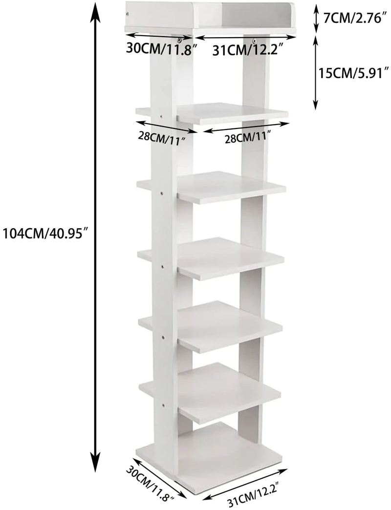 ZEGROA Wooden Shoe Rack, 7-Tier Small Shoe Rack for Entryway, Narrow Tall Shoe Organizer with Extra Top Storage, Multi-Function Storage Stand Display Shelf for Hallway and Closet, Space Saving (White) Furniture > Cabinets & Storage > Armoires & Wardrobes ZEGROA   
