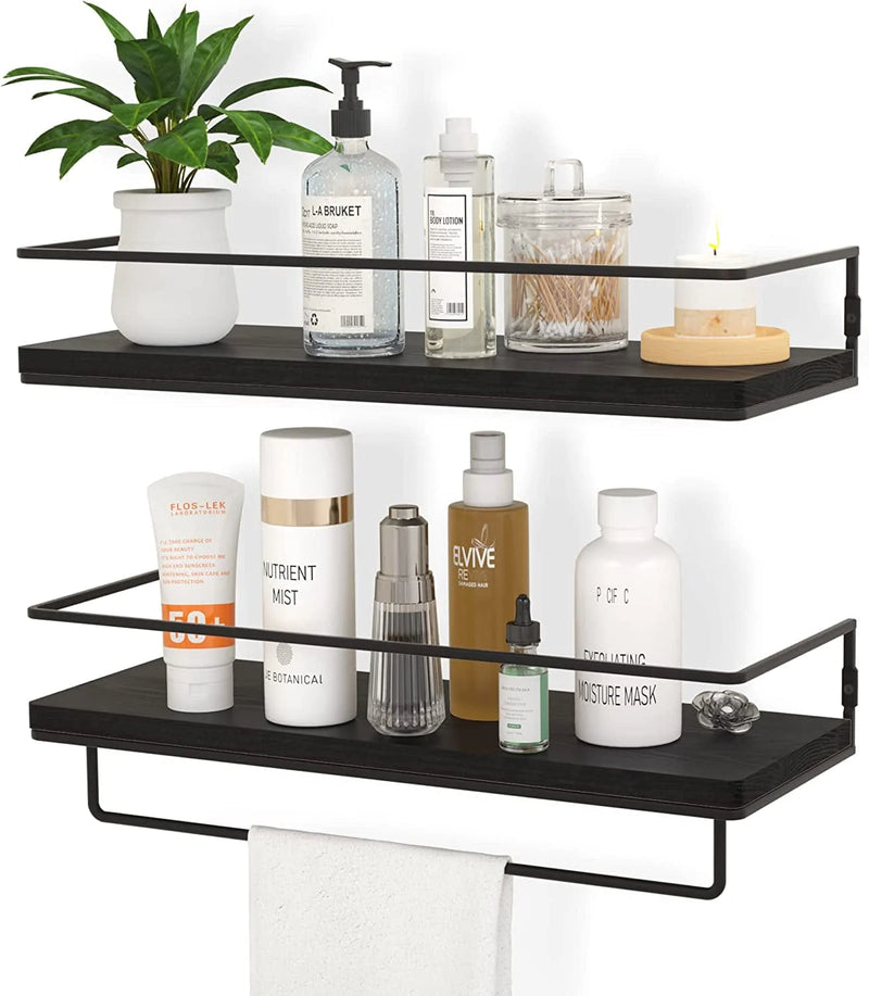 ZGO Floating Shelves for Wall Set of 2, Wall Mounted Storage Shelves with Black Metal Frame and Towel Rack for Bathroom, Bedroom, Living Room, Kitchen, Office (Black)…
