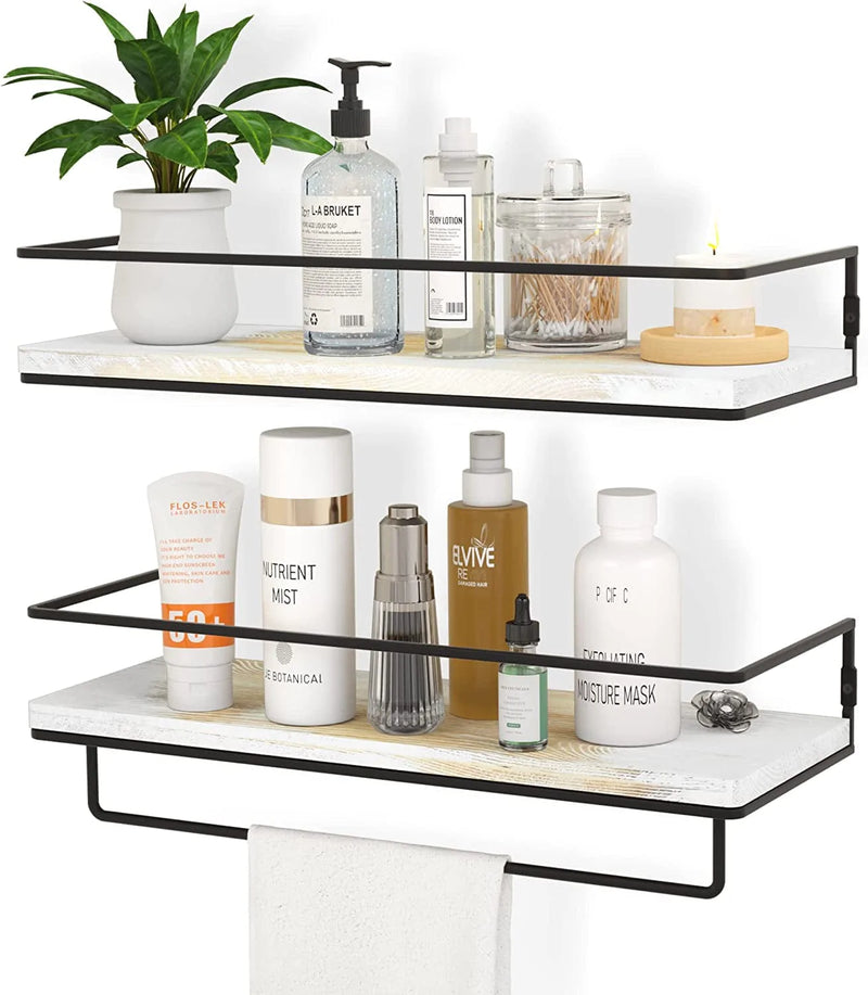 ZGO Floating Shelves for Wall Set of 2, Wall Mounted Storage Shelves with Black Metal Frame and Towel Rack for Bathroom, Bedroom, Living Room, Kitchen, Office (Black)…