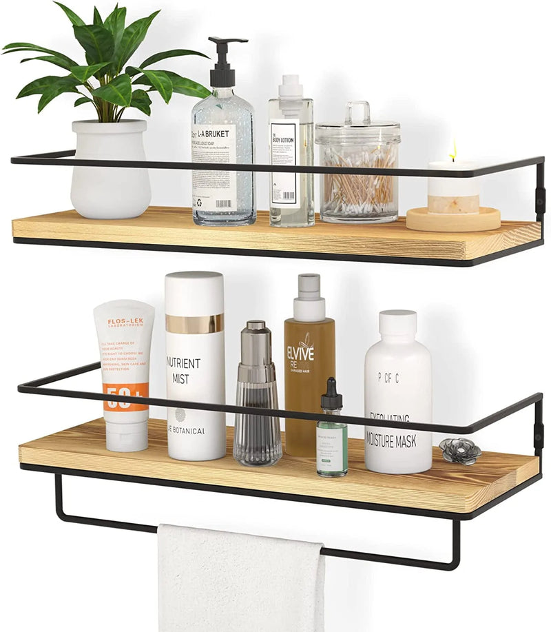 ZGO Floating Shelves for Wall Set of 2, Wall Mounted Storage Shelves with Black Metal Frame and Towel Rack for Bathroom, Bedroom, Living Room, Kitchen, Office (Black)… Home & Garden > Household Supplies > Storage & Organization ZGO Wood  
