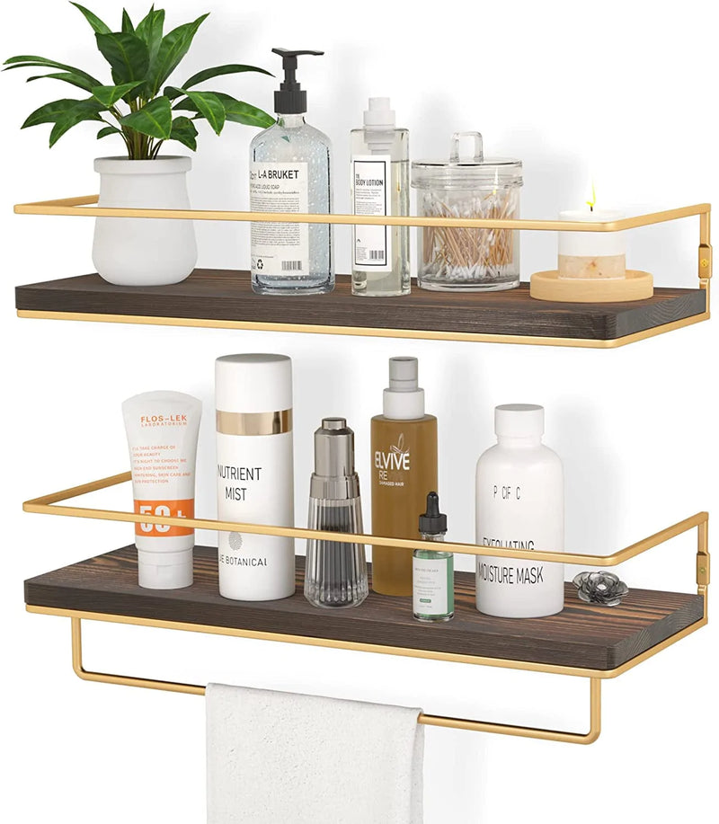 ZGO Floating Shelves for Wall Set of 2, Wall Mounted Storage Shelves with Black Metal Frame and Towel Rack for Bathroom, Bedroom, Living Room, Kitchen, Office (Black)… Home & Garden > Household Supplies > Storage & Organization ZGO Gold-brown  
