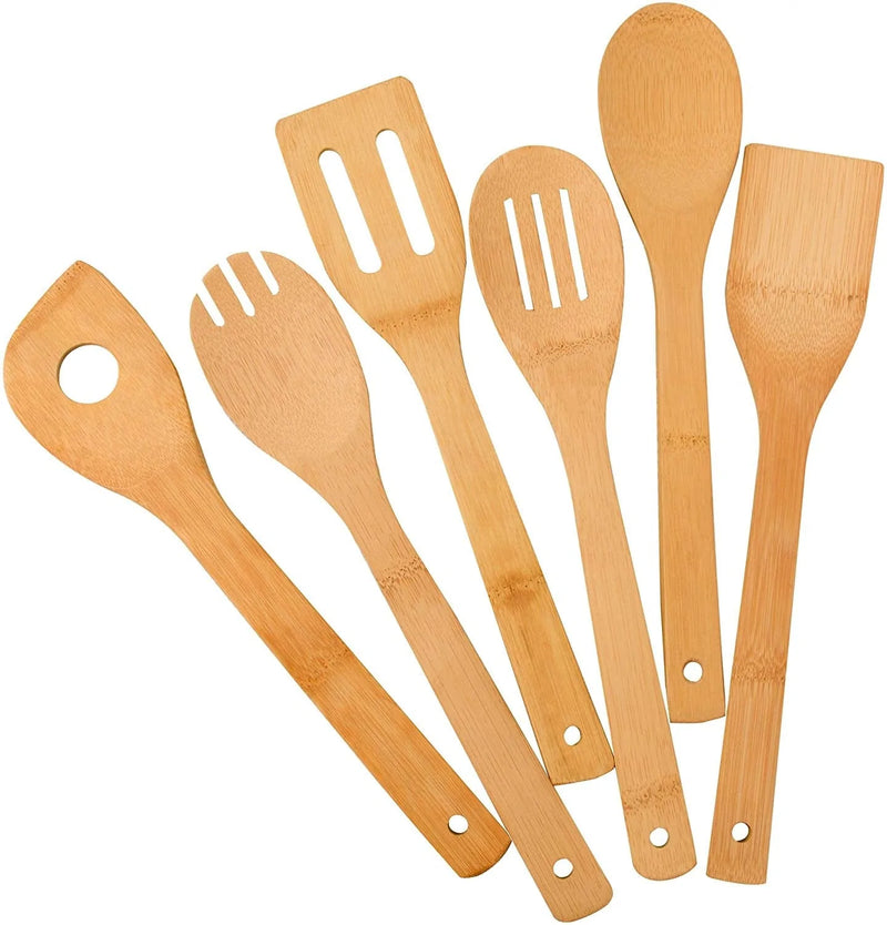 Zhuoyue Kitchen Cooking Utensils Set, 6 Pcs Bamboo Wooden Spoons & Spatula Kitchen Cooking Tools for Nonstick Cookware and Wok