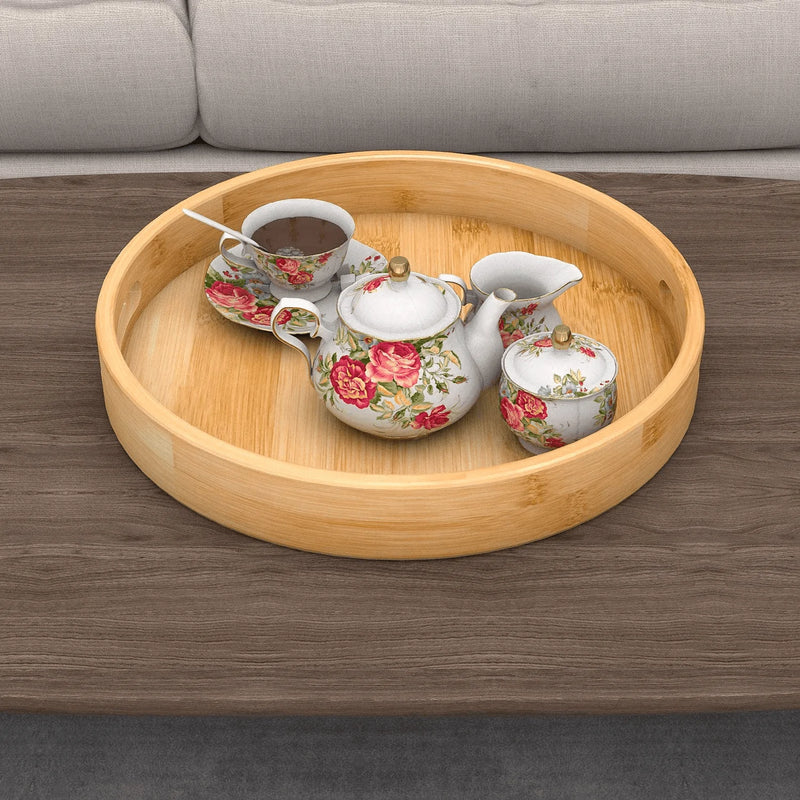 Zhuoyue Round Serving Tray with Handles - Wood Bamboo Decorative Tray for Ottoman, Coffee Table Circle Tray for Food, Cocktail, Drink