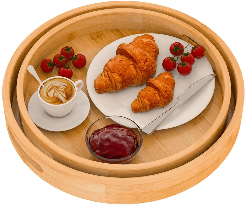 Zhuoyue Round Serving Tray with Handles - Wood Bamboo Decorative Tray for Ottoman, Coffee Table Circle Tray for Food, Cocktail, Drink