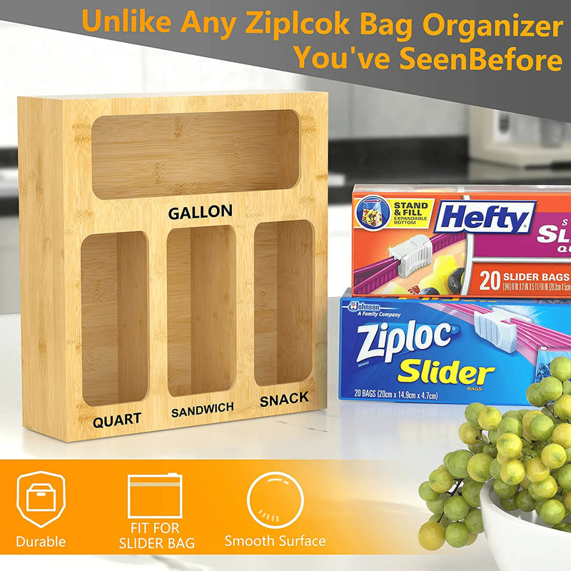 Ziplock Bag Storage Organizer for Drawer - Bamboo Kitchen Food Storage Bag Organizer Holders, Gallon Quart Snack Sandwich and Slider Bag Dispenser, Compatible with Ziploc Hefty Glad Solimo and More.
