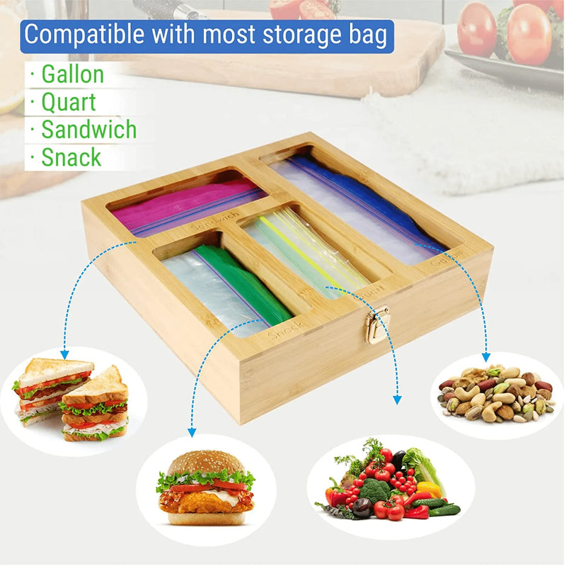 Ziplock Bag Storage Organizer with Drawers: Openable Top Lids Bamboo Organizer Plastic Food Storage Bag Dispenser Holder Kitchen Wrap Baggie Organizer for Gallon Snack Sandwich Quart Variety Size Bags