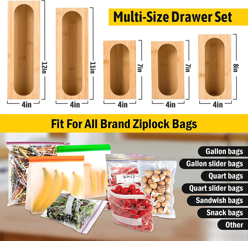 Ziplock Food Storage Bag Organizers, 5Pcs Bamboo Baggie Organizer Plastic Bag Holder Kitchen Drawer Organizer, Fit for Quart Bags, Sandwich Bags, Snack Bags and Gallon Bags Variety Size Storage Bags Home & Garden > Kitchen & Dining > Food Storage Figte   