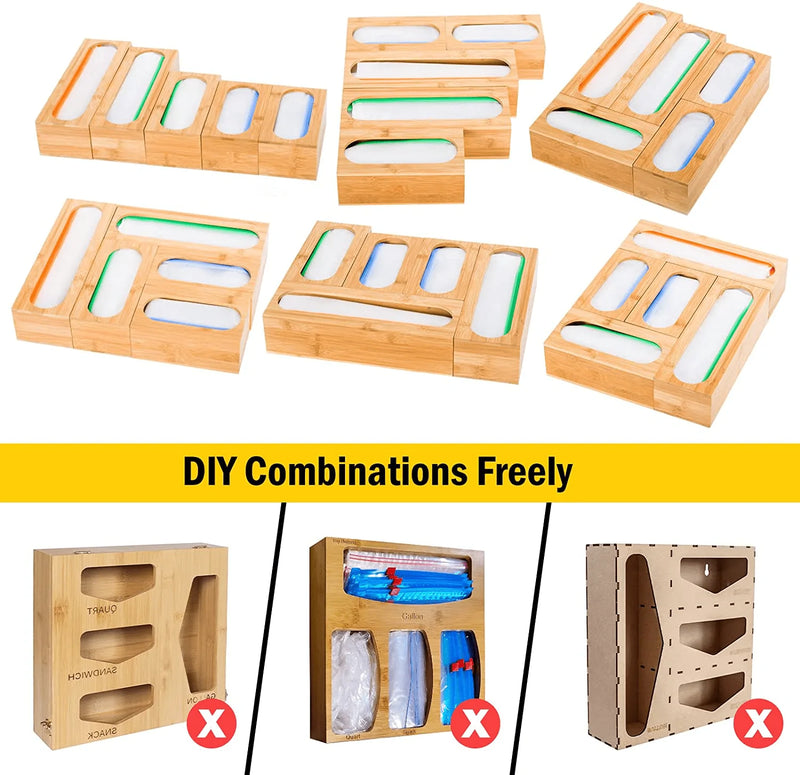 Ziplock Food Storage Bag Organizers, 5Pcs Bamboo Baggie Organizer Plastic Bag Holder Kitchen Drawer Organizer, Fit for Quart Bags, Sandwich Bags, Snack Bags and Gallon Bags Variety Size Storage Bags