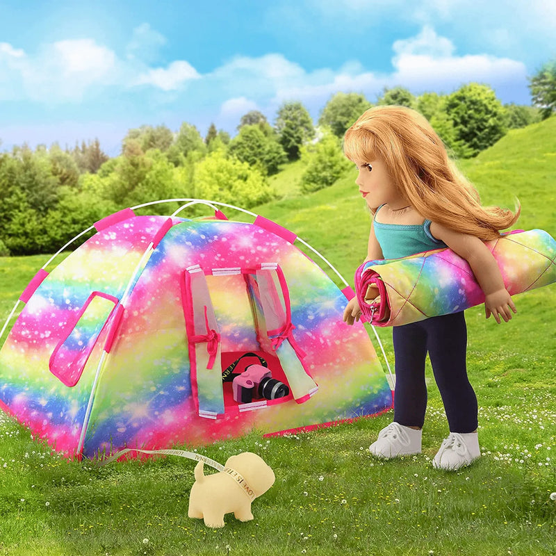 ZITA ELEMENT 7 Items Fashion Doll Camping Tent Set for American 18 Inch Girl Doll Accessories - Including 18 Inch Doll Camping Tent, Sleeping Bag, Clothes Set, Shoes, Camera, Eye Glasses and Toy Dog Sporting Goods > Outdoor Recreation > Camping & Hiking > Tent Accessories ZITA ELEMENT   