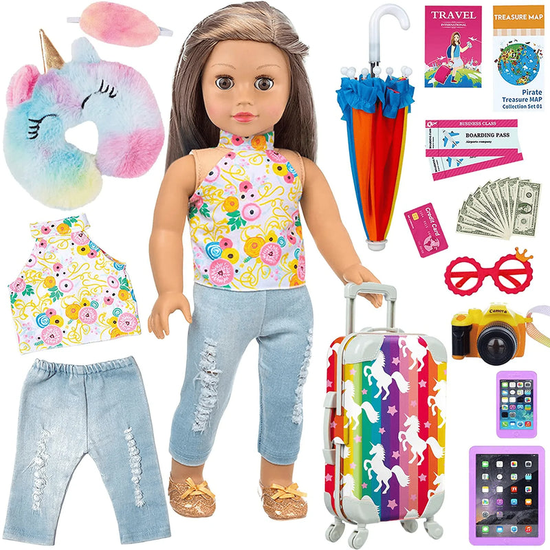 ZITA ELEMENT Fashion 24 Pcs American 18 Inch Girl Doll Clothes and Accessories Suitcase Set for 18 Inch Doll Clothes and Unicorn Pattern Travel Suitcase Set Sporting Goods > Outdoor Recreation > Camping & Hiking > Tent Accessories ZITA ELEMENT   